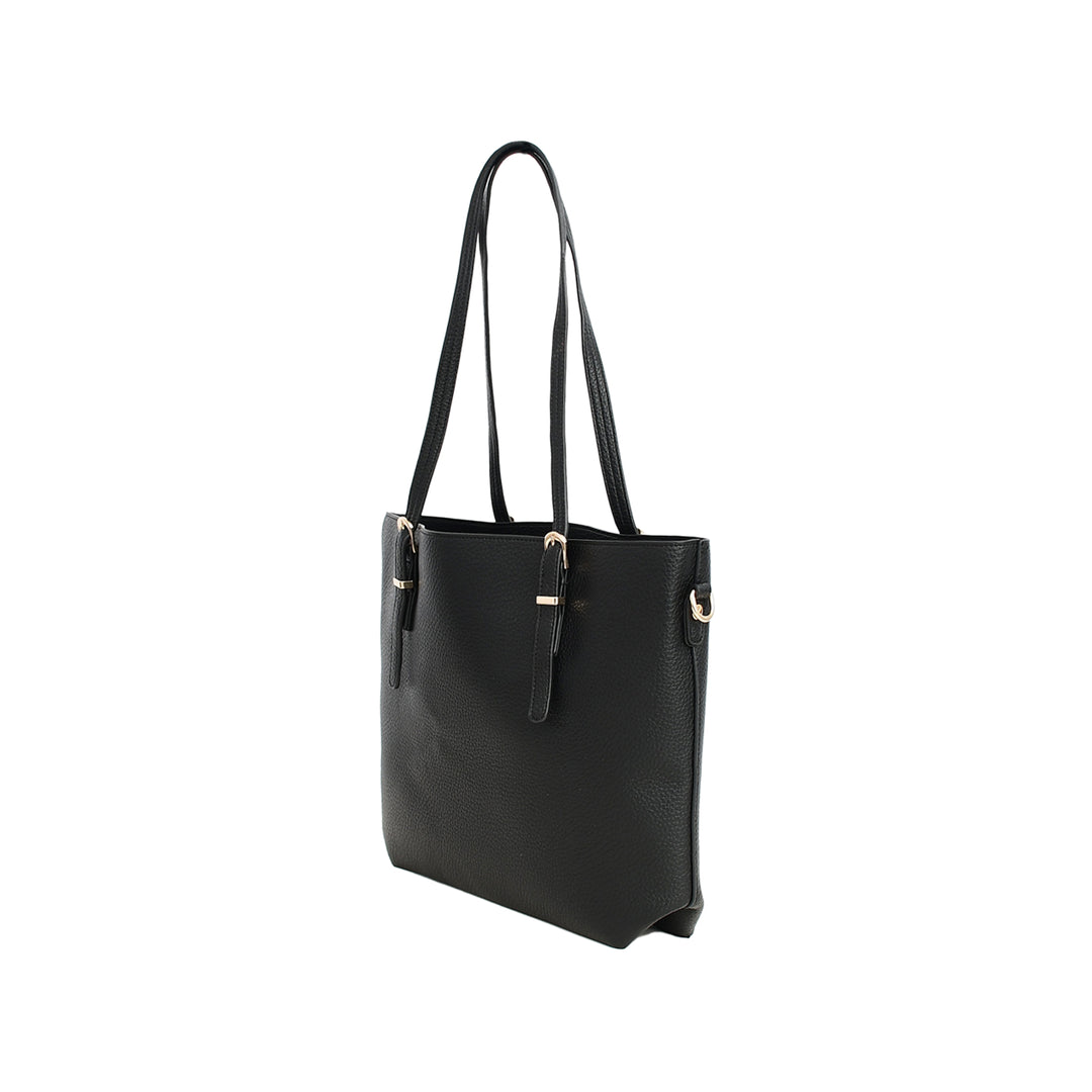 Black handbag with shoulder straps on a white background