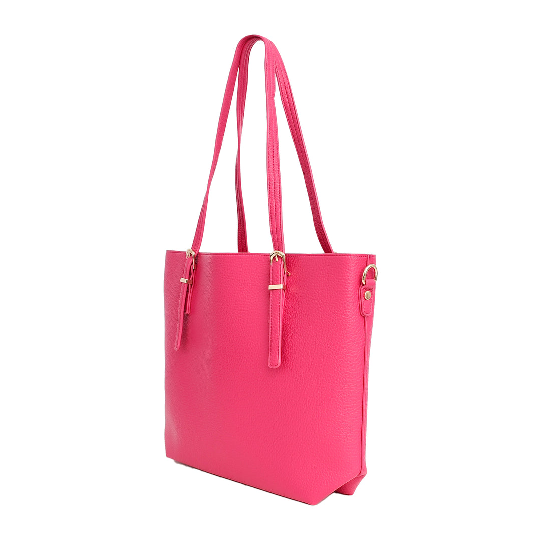 Pink tote bag with gold accents on a white background