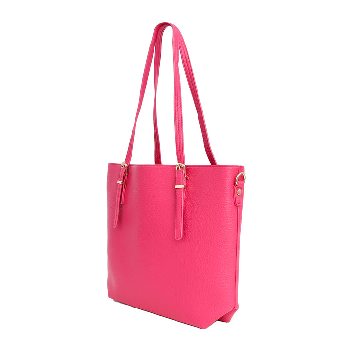 Pink tote bag with gold accents on a white background
