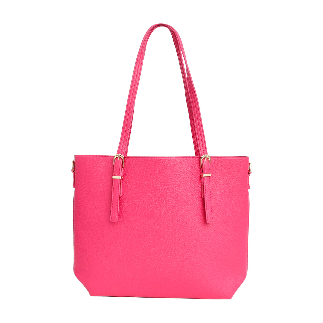 Pink handbag with gold accents on a white background