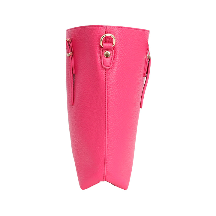 Pink handbag with gold accents on a white background