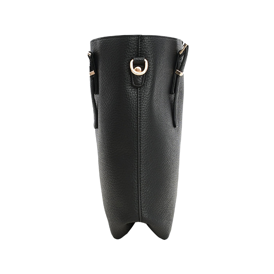 Black leather handbag with gold clasp on a white background