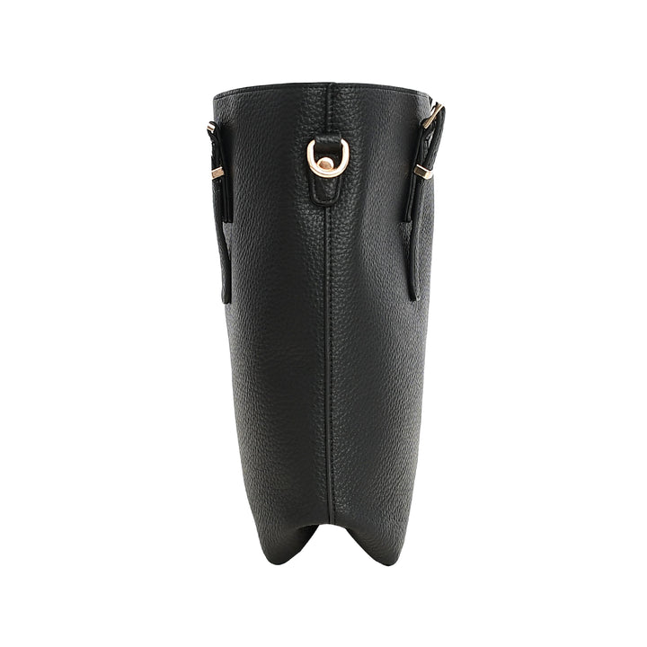 Black leather handbag with gold clasp on a white background