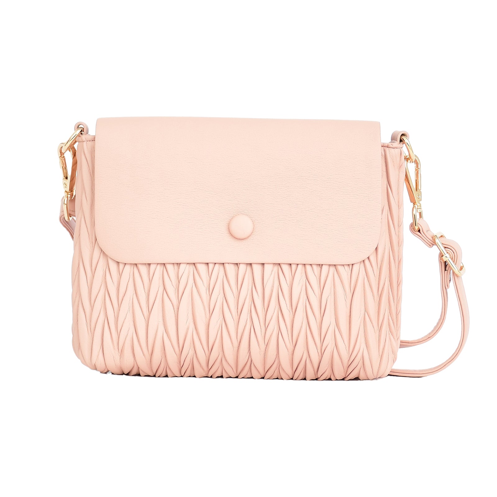 Pink crossbody bag with a textured pattern on a white background