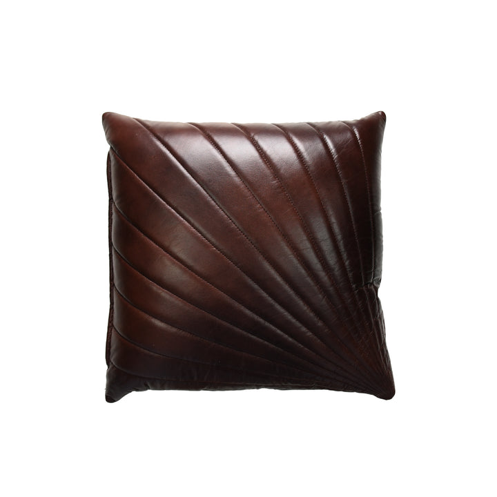 Brown leather pillow with a textured pattern on a white background