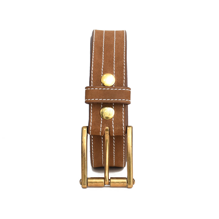 Brown leather belt with brass buckle on a white background