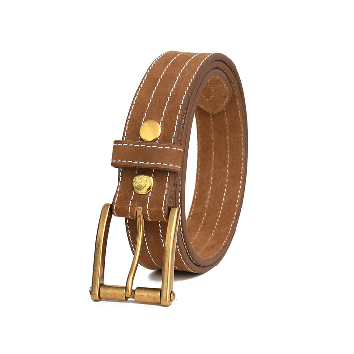 Brown leather belt with gold buckle on a white background