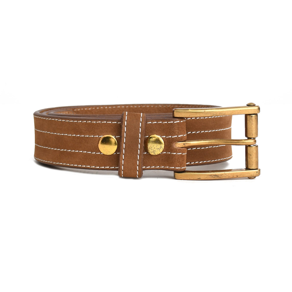Brown leather belt with gold buckle on a white background