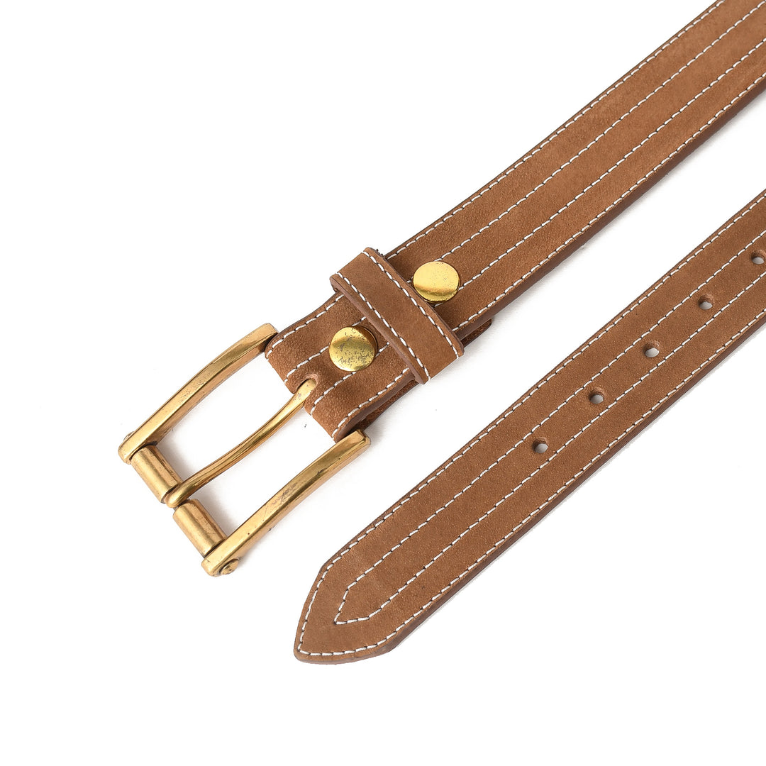 Brown leather belt with gold buckle on a white background