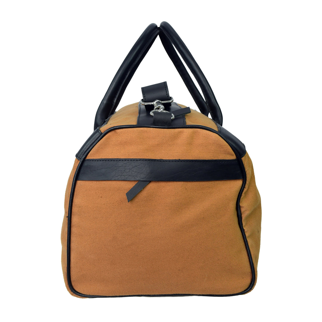 Brown duffel bag with black handles and trim on a white background