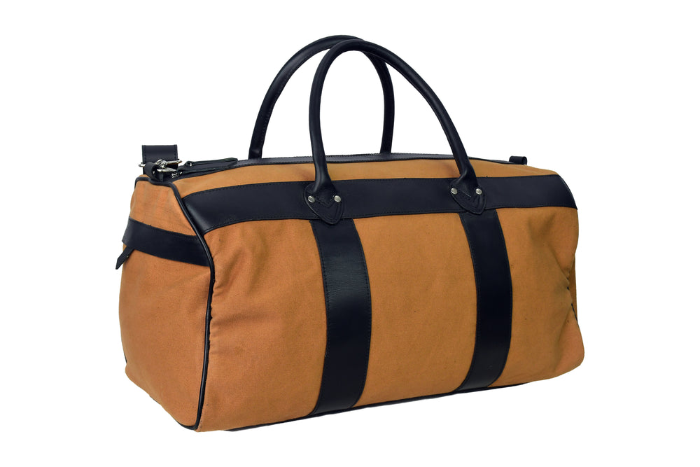 Brown duffel bag with black straps on a white background