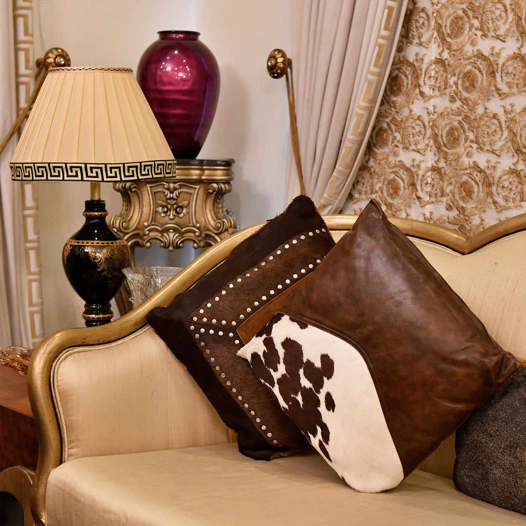 Premium Genuine Leather White & Brown Cowhide Cushion Set