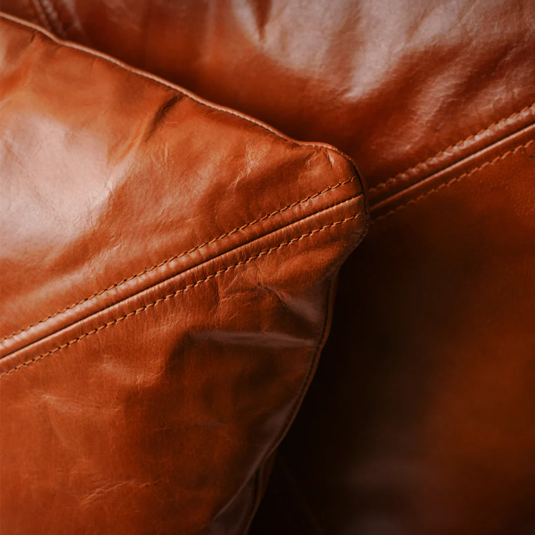 Close-up of a brown leather Cushion with visible stitching