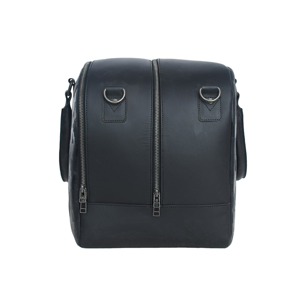 Black Duffle Bag with zippers on a white background