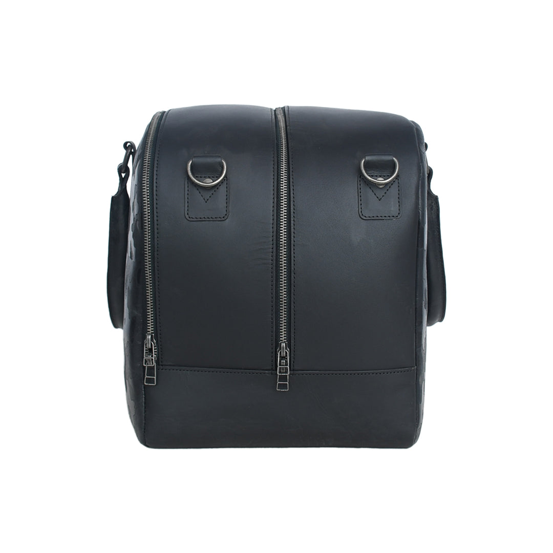 Black Duffle Bag with zippers on a white background