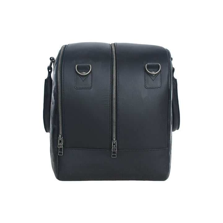Black Duffle Bag with zippers on a white background