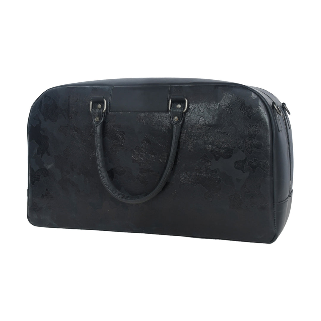 Black leather duffel bag on a white background