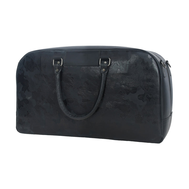 Black leather duffel bag on a white background