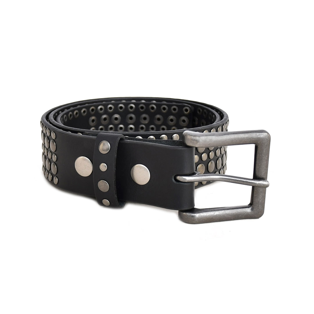 A black leather belt with silver-tone studs and a silver-tone metal buckle, coiled on a white background.
