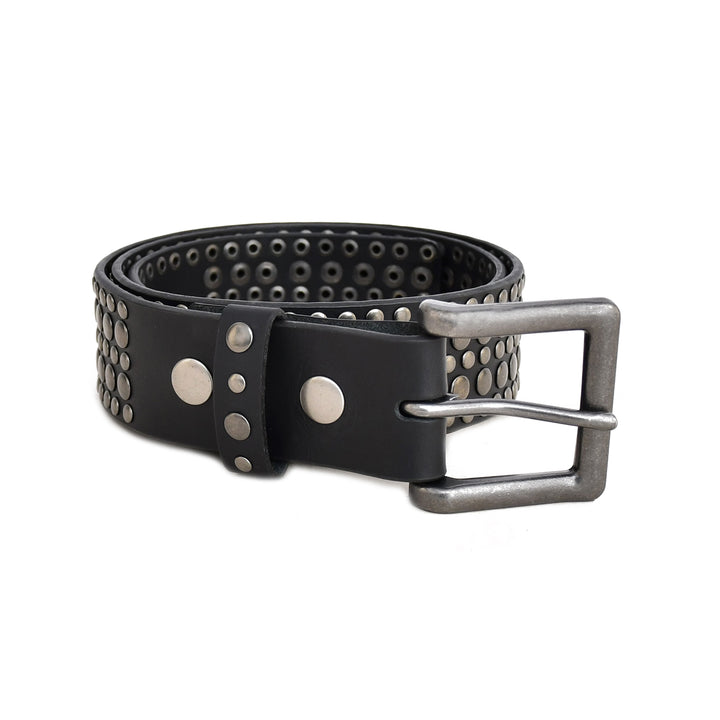 A black leather belt with silver-tone studs and a silver-tone metal buckle, coiled on a white background.