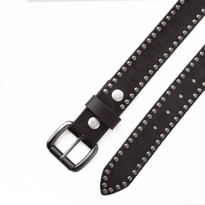 A black leather belt with an embossed pattern and silver-tone studs, featuring a black metal buckle and silver rivets, shown on a white background.