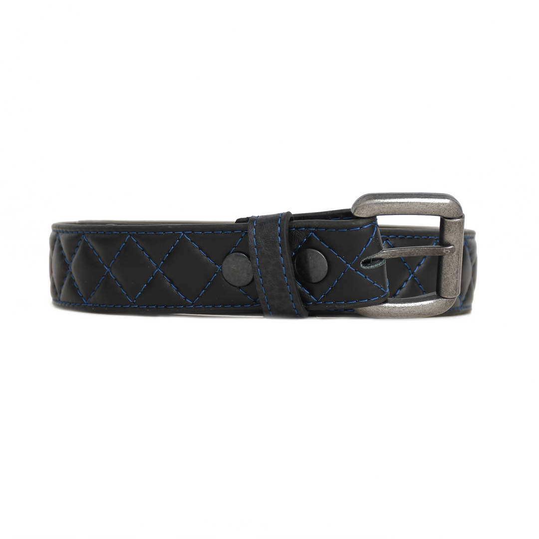 Black leather belt with silver buckle on a white background
