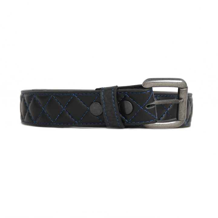 Black leather belt with silver buckle on a white background