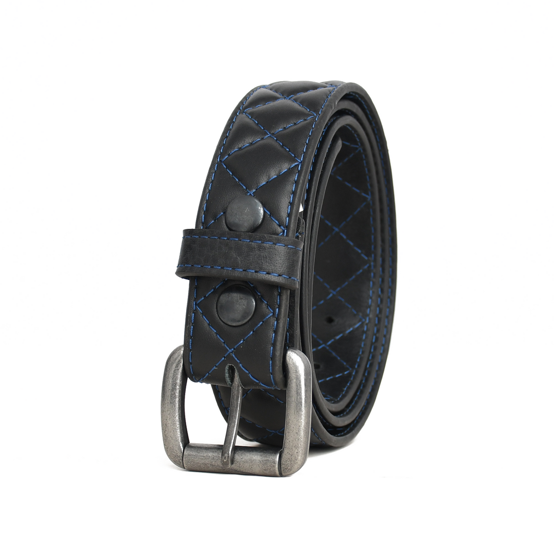 Black leather belt with silver buckle on a white background