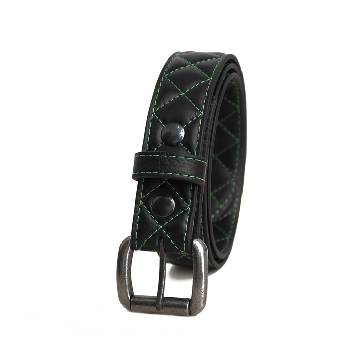 Black leather belt with green stitching on a white background