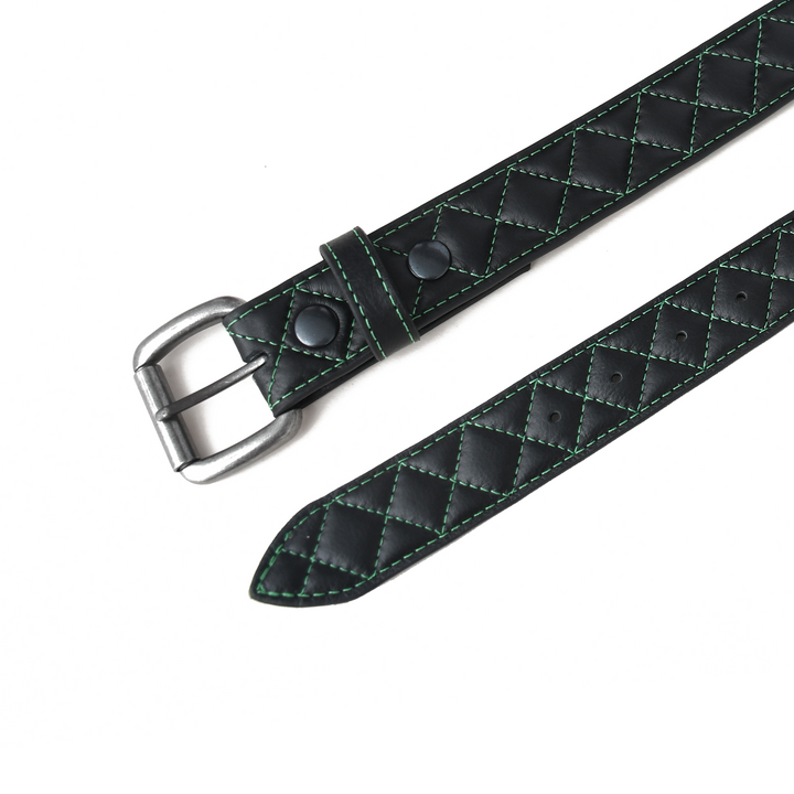 Green quilted leather belt with silver buckle on a white background