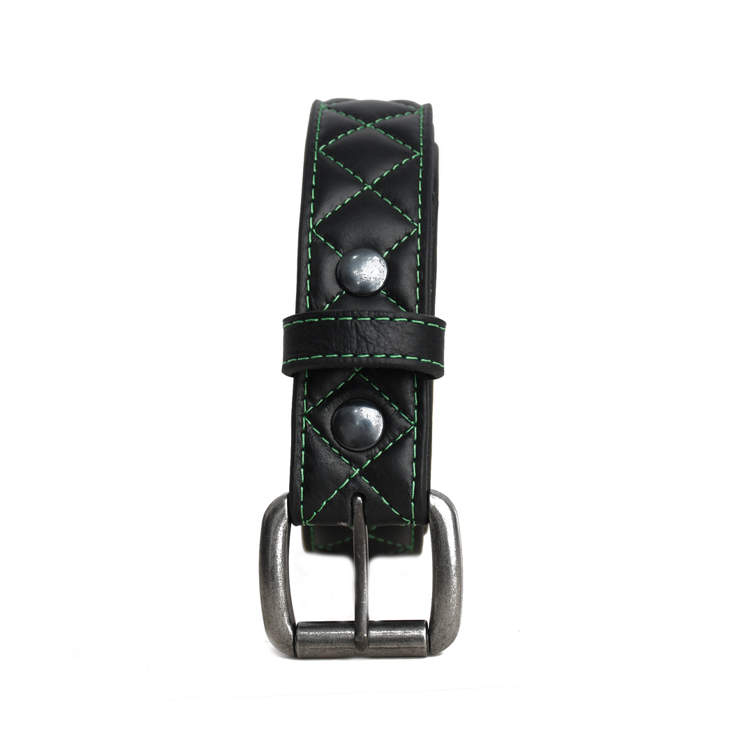 Black leather belt with silver buckle on a white background