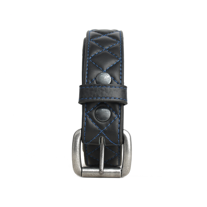 Black leather belt with silver buckle on a white background
