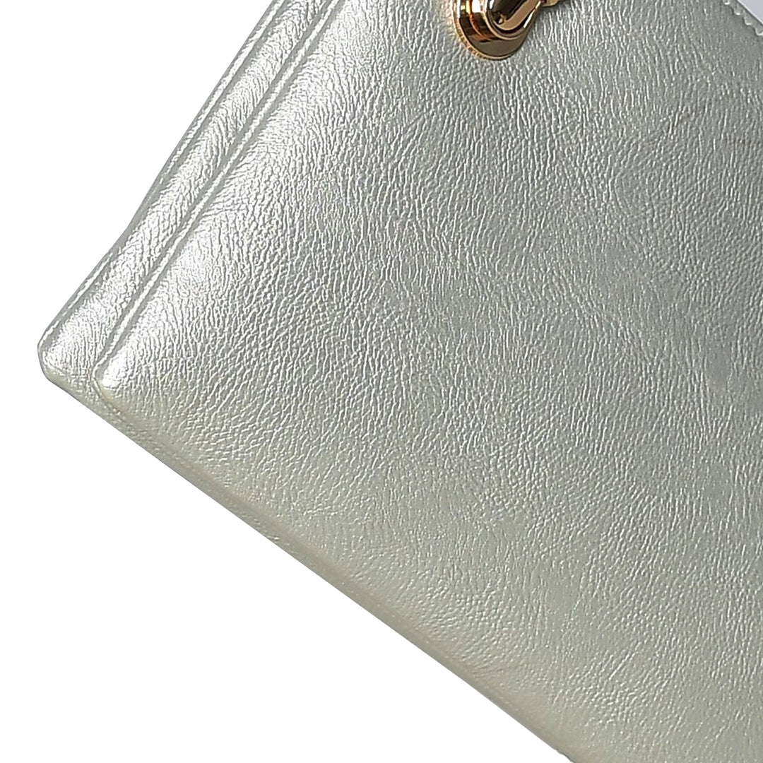 Close-up of a silver handbag with a gold clasp on a white background
