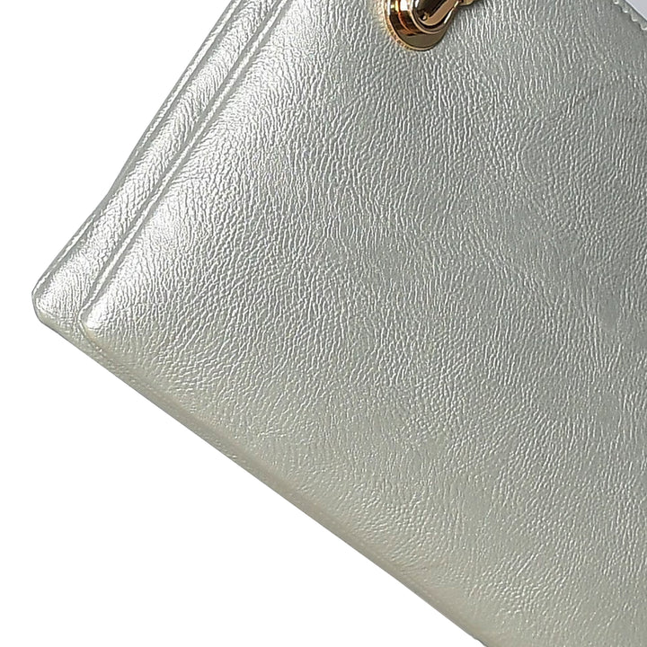 Close-up of a silver handbag with a gold clasp on a white background