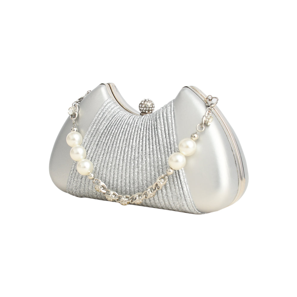 Silver clutch bag with pearl embellishments on a white background