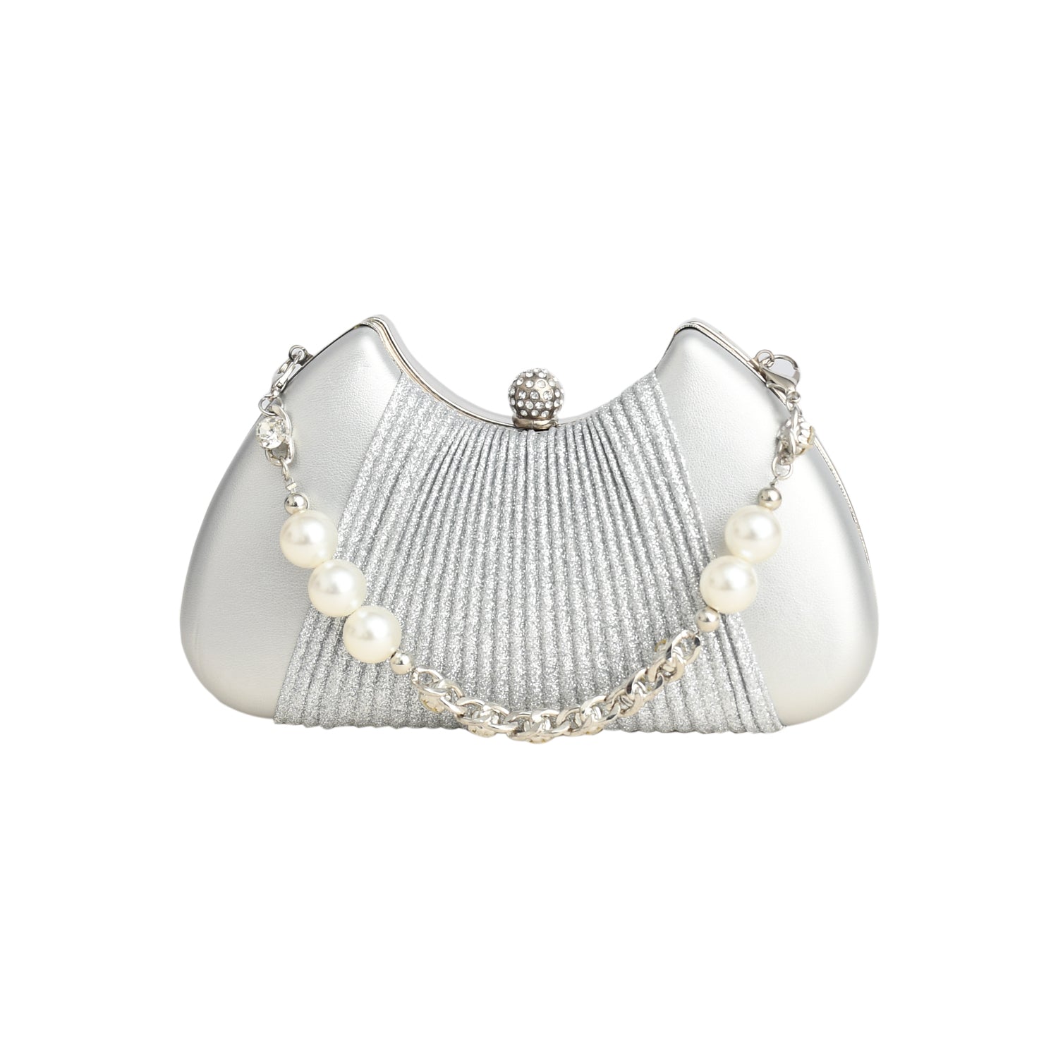Silver clutch bag with pearl embellishments on a white background