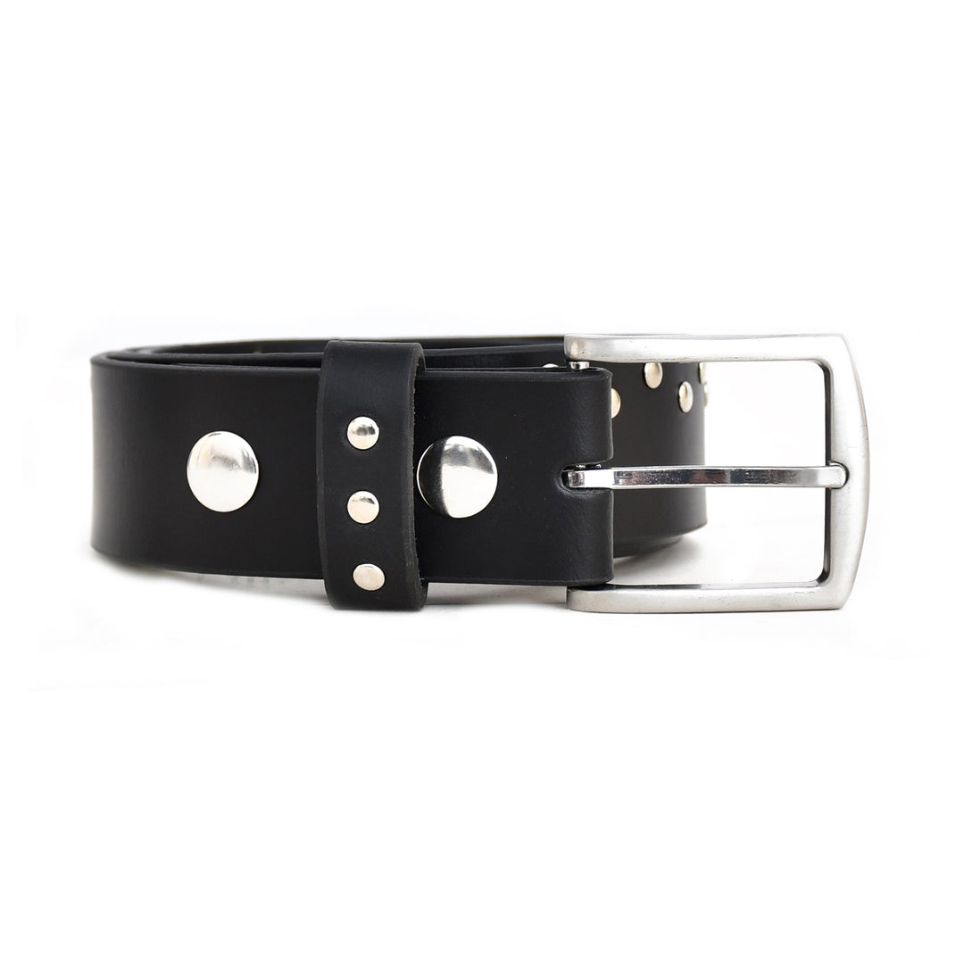 Black leather belt with silver studs and buckle on a white background