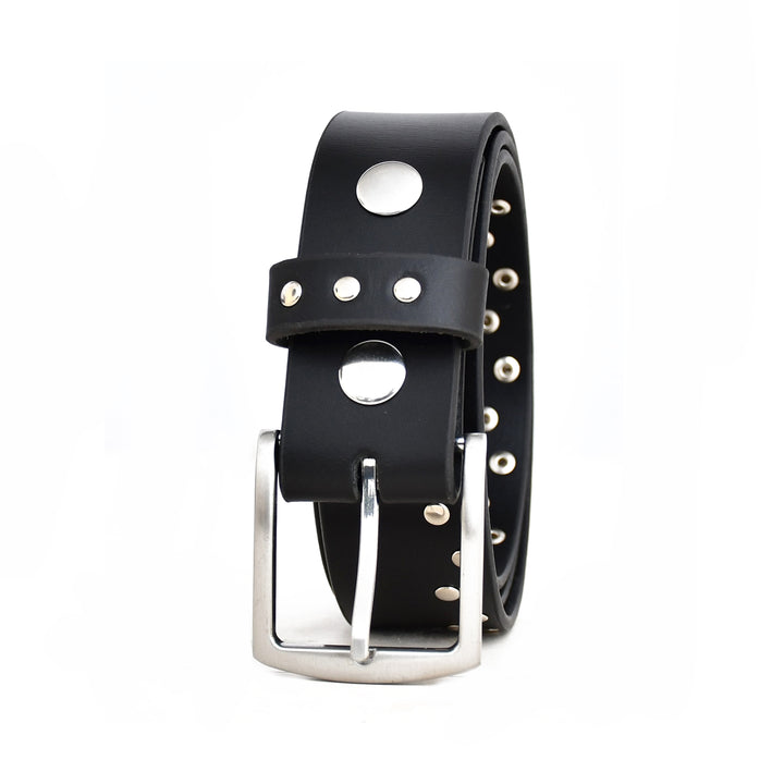 Black leather belt with silver buckle and studs on a white background