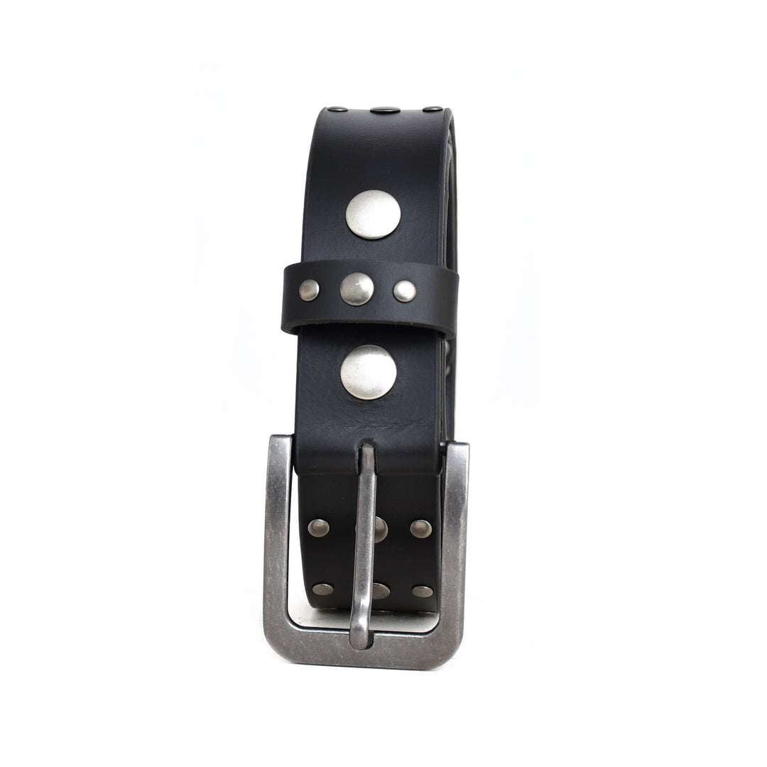 Black leather belt with silver studs and buckle on a white background