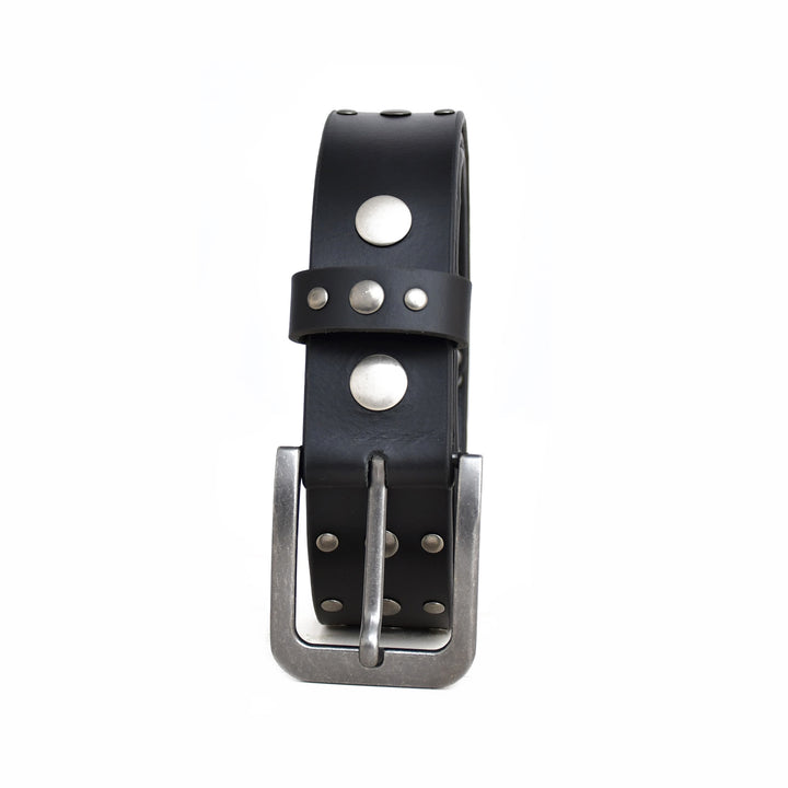 Black leather belt with silver studs and buckle on a white background