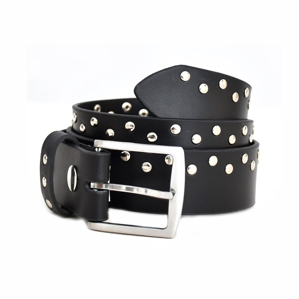 Black leather belt with silver studs and buckle on a white background