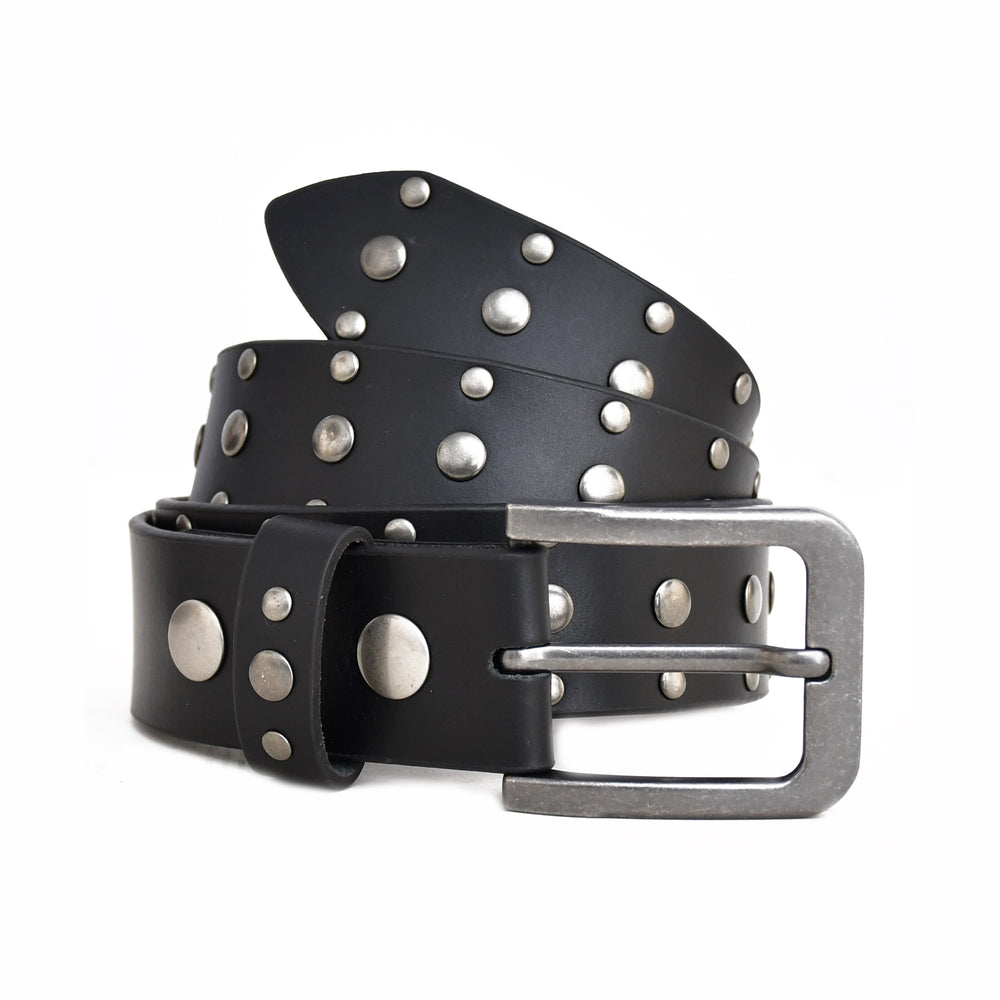 Black leather belt with silver studs and buckle on a white background