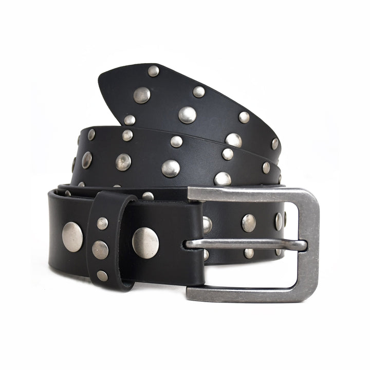 Black leather belt with silver studs and buckle on a white background