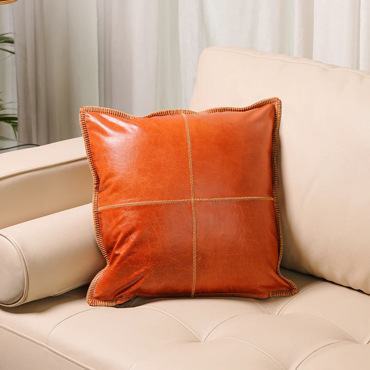 Premium Handmade Cross Stitch Tan Genuine Leather Cushion