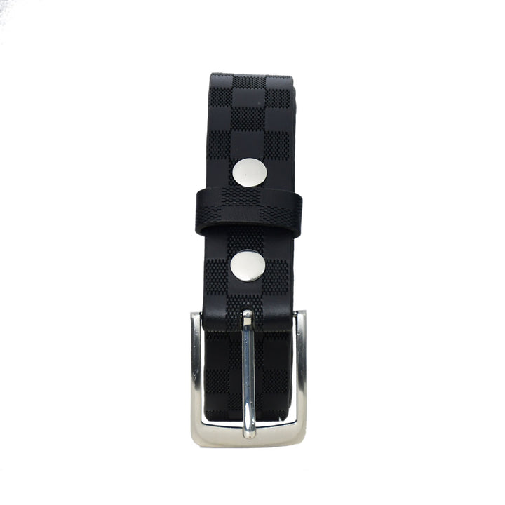 Black checkered belt with silver buckle on a white background