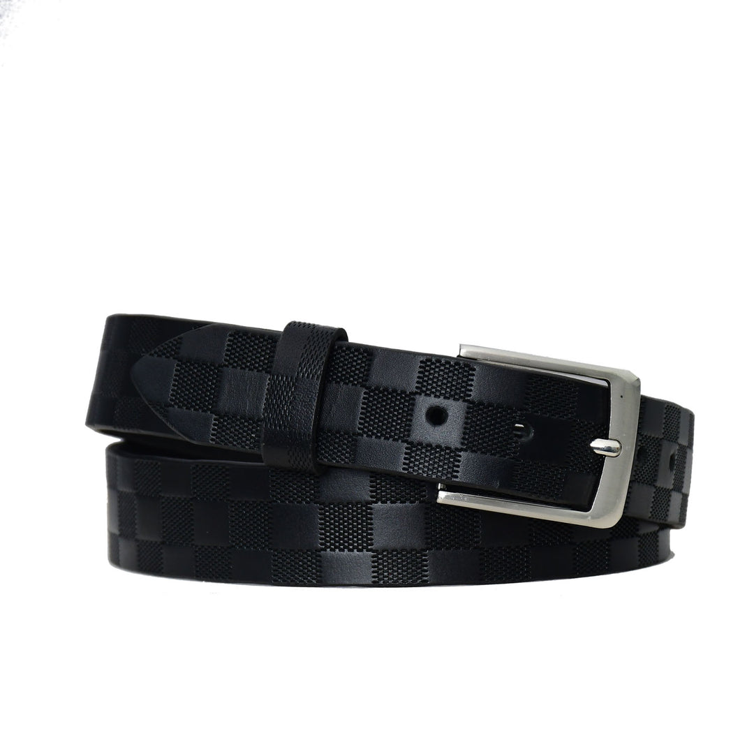 Black checkered belt with a silver buckle on a white background