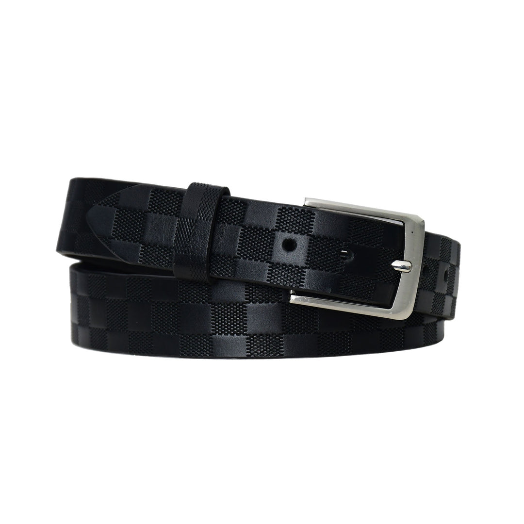 Black woven belt with a silver buckle on a white background