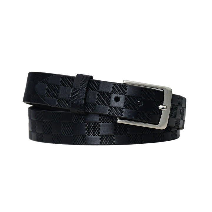Black woven belt with a silver buckle on a white background