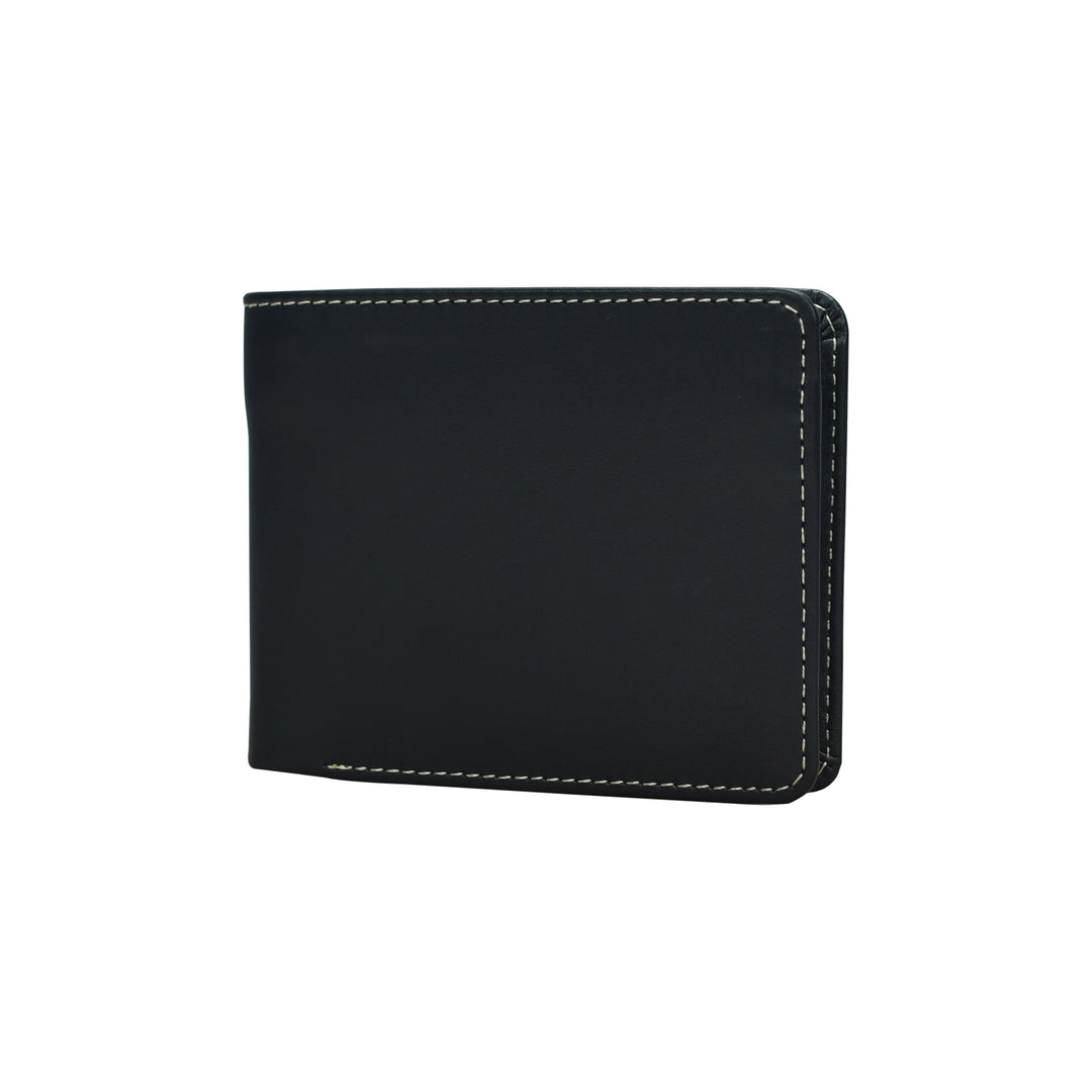 Black leather wallet with white stitching on a white background