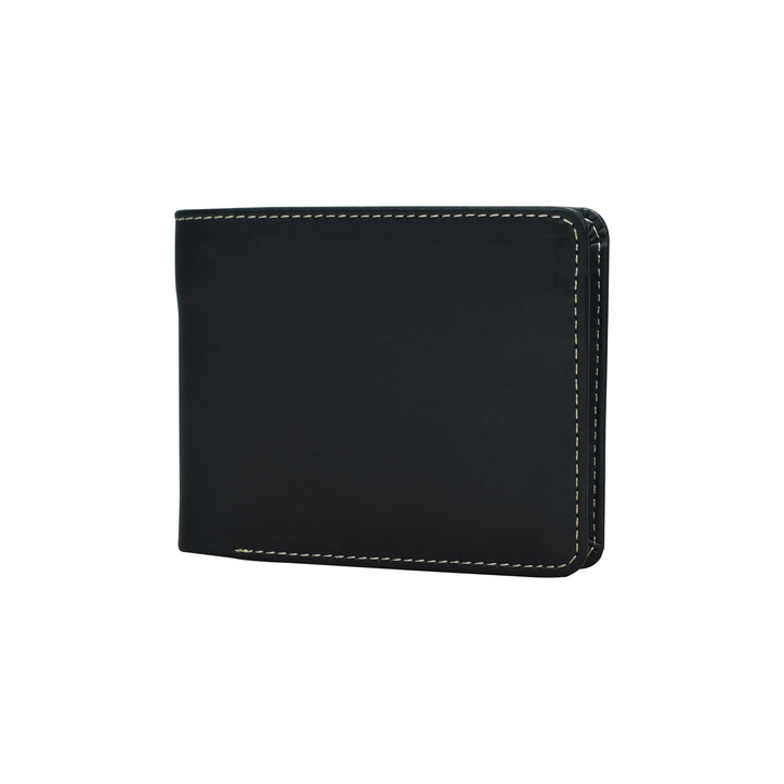 Black leather wallet with white stitching on a white background